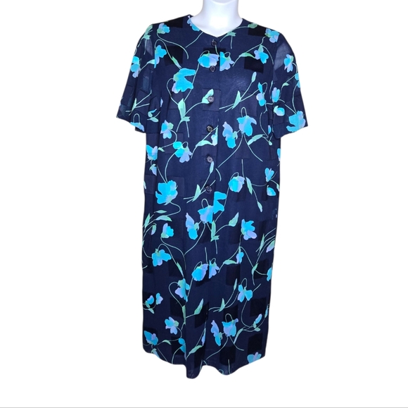 Akris Dresses & Skirts - AKRIS navy blue floral short sleeve half button up shift midi dress 16